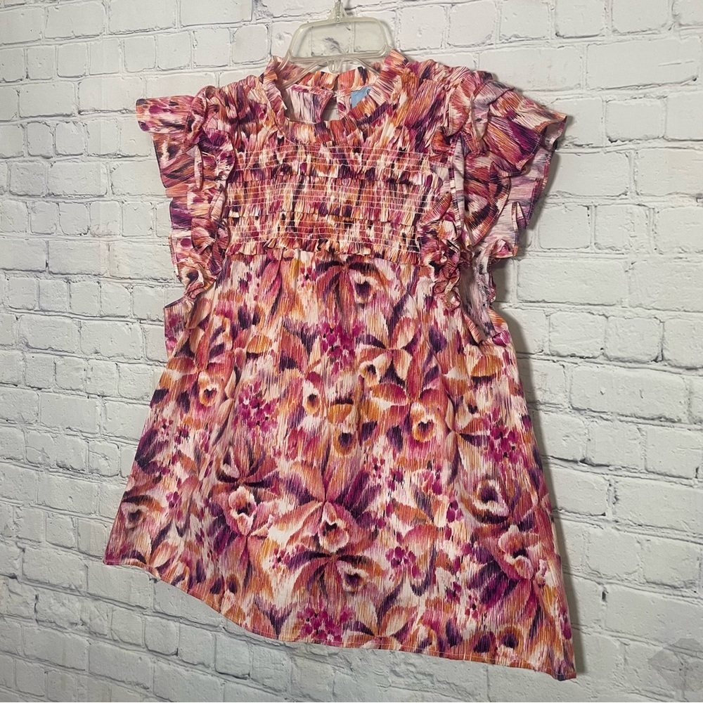 CeCe Floral Ruffle Sleeve Peplum Top Orange Pink Smocked Blouse Medium - Picture 3 of 7